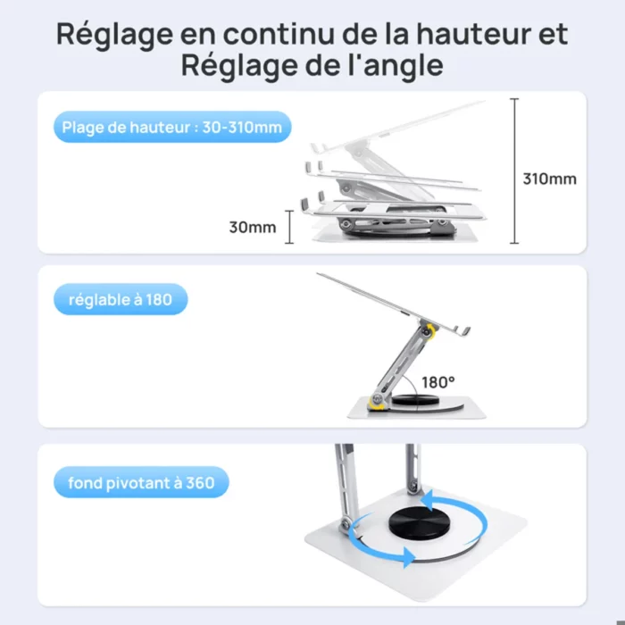 Support d’ordinateur pliable portable, réglable à 180°, avec rotation à 360 degrés, compatible avec les PC de 11 à 17,3 pouces