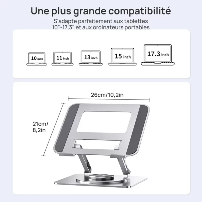 Support d’ordinateur pliable portable, réglable à 180°, avec rotation à 360 degrés, compatible avec les PC de 11 à 17,3 pouces