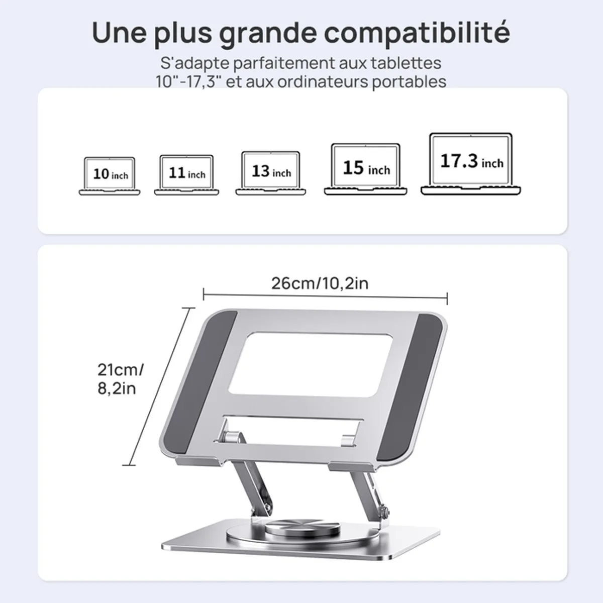 Support d’ordinateur pliable portable, réglable à 180°, avec rotation à 360 degrés, compatible avec les PC de 11 à 17,3 pouces