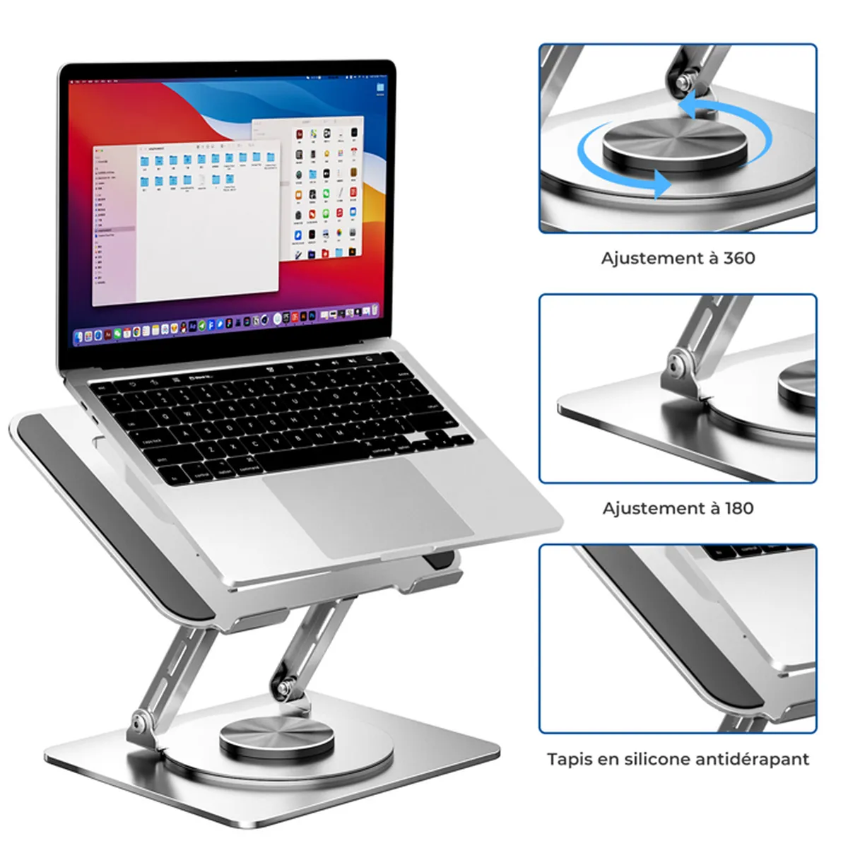 Support d’ordinateur pliable portable, réglable à 180°, avec rotation à 360 degrés, compatible avec les PC de 11 à 17,3 pouces