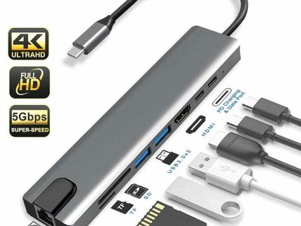 Airplus Adaptateur Hub USB-C 8-en-1 vers HDMI 4K, Ethernet RJ45, PD 87W, Port USB 3.0 et USB 2.0, Carte SD/TF, Type C