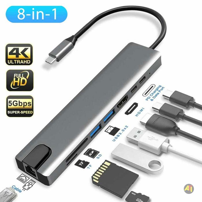 Airplus Adaptateur Hub USB-C 8-en-1 vers HDMI 4K, Ethernet RJ45, PD 87W, Port USB 3.0 et USB 2.0, Carte SD/TF, Type C