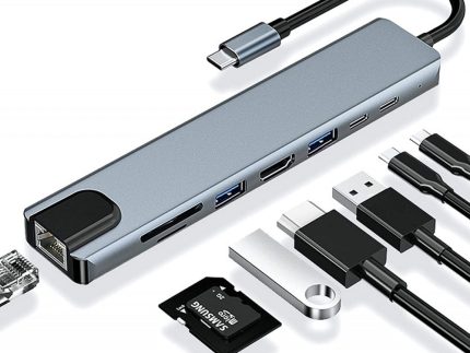 Airplus Adaptateur Hub USB-C 8-en-1 vers HDMI 4K, Ethernet RJ45, PD 87W, Port USB 3.0 et USB 2.0, Carte SD/TF, Type C