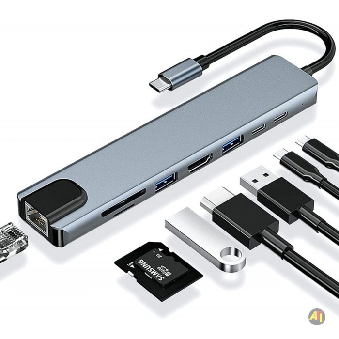 Airplus Adaptateur Hub USB-C 8-en-1 vers HDMI 4K, Ethernet RJ45, PD 87W, Port USB 3.0 et USB 2.0, Carte SD/TF, Type C