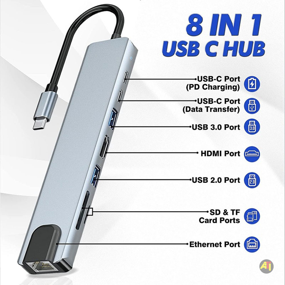 Airplus Adaptateur Hub USB-C 8-en-1 vers HDMI 4K, Ethernet RJ45, PD 87W, Port USB 3.0 et USB 2.0, Carte SD/TF, Type C