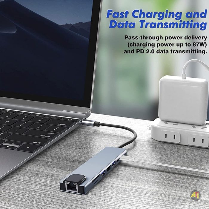 Airplus Adaptateur Hub USB-C 8-en-1 vers HDMI 4K, Ethernet RJ45, PD 87W, Port USB 3.0 et USB 2.0, Carte SD/TF, Type C