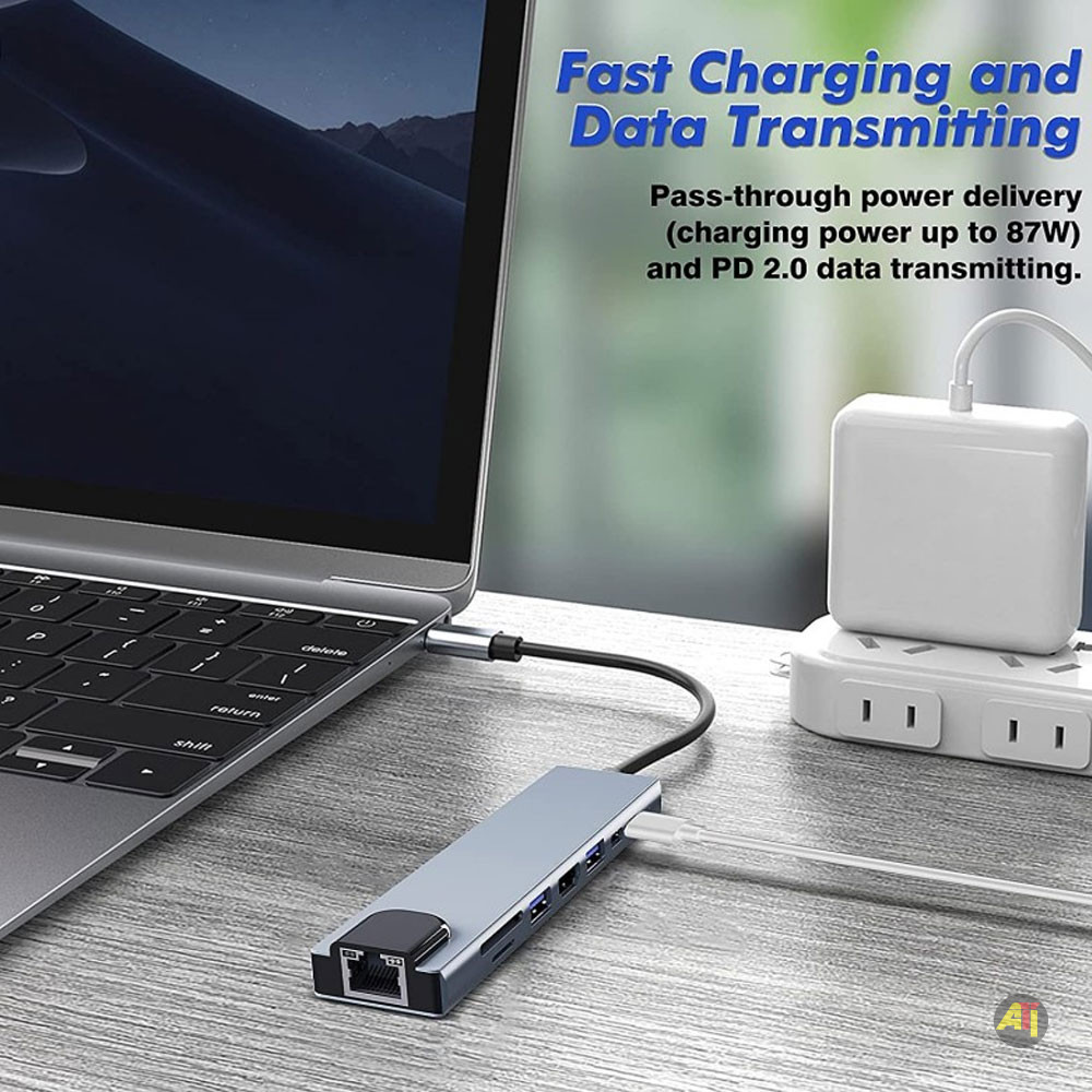 Airplus Adaptateur Hub USB-C 8-en-1 vers HDMI 4K, Ethernet RJ45, PD 87W, Port USB 3.0 et USB 2.0, Carte SD/TF, Type C