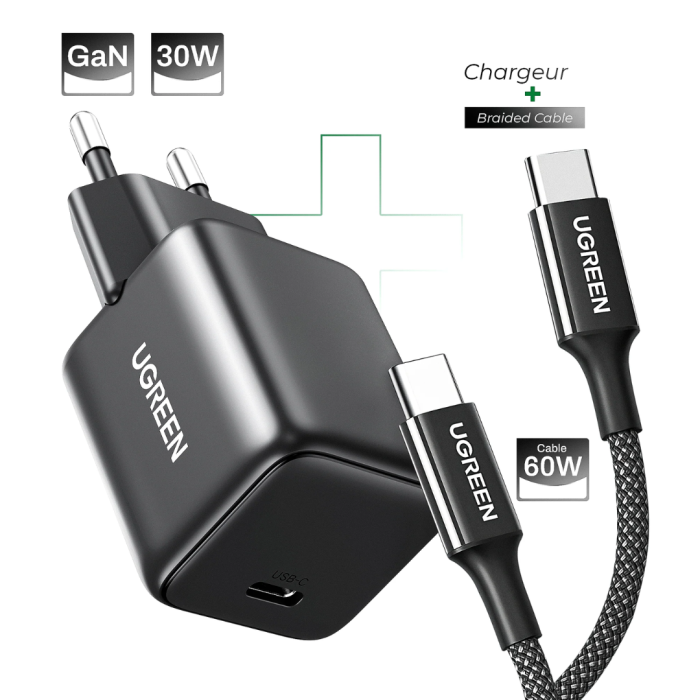 Pack Chargeur GaN 30W + Câble Tressé 60W