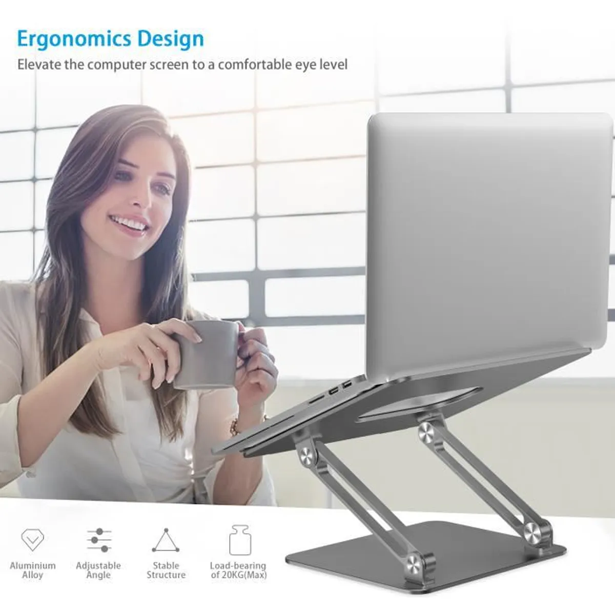 Support pour Ordinateur Portable, Support Ergonomique pour Ordinateur Portable en Aluminium Réglable pour 11-17″ Gris